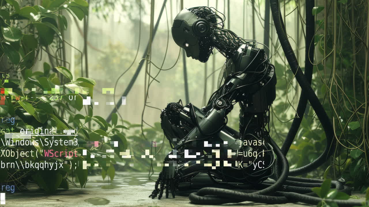 디스토피아 도시 풍경의 로 사이보그는 ai 생성 예술로 만들어졌습니다.