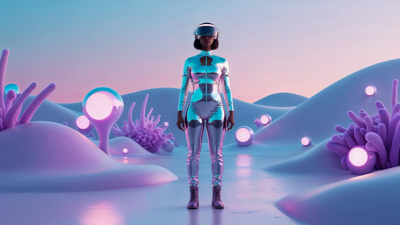 Woman in VR Headset Explores a Dreamlike Futuristic Landscape