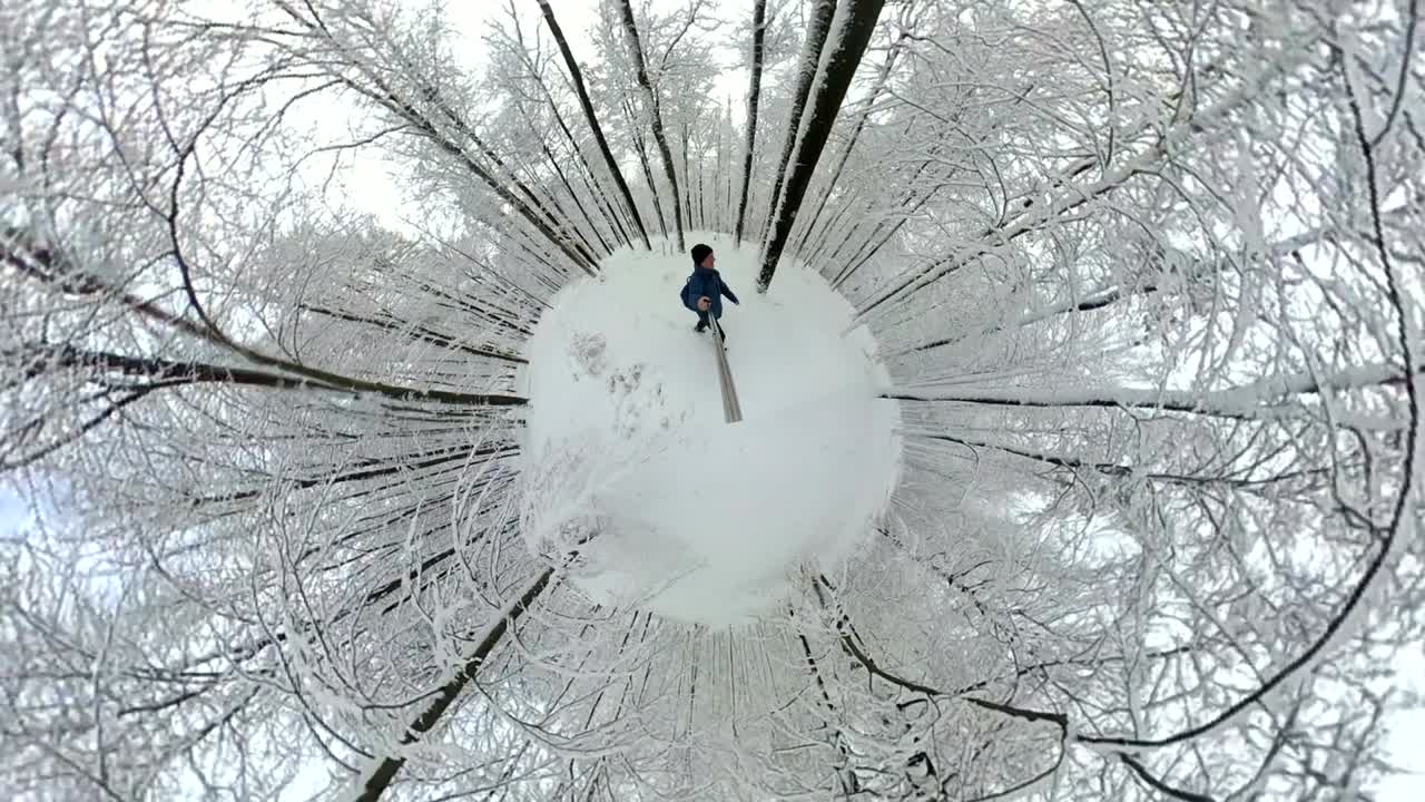아름다운 겨울 숲을 고 있는 남자, 360° 영상, 360° vr, 작은 행성 효과