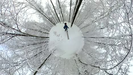 아름다운 겨울 숲을 고 있는 남자, 360° 영상, 360° vr, 작은 행성 효과