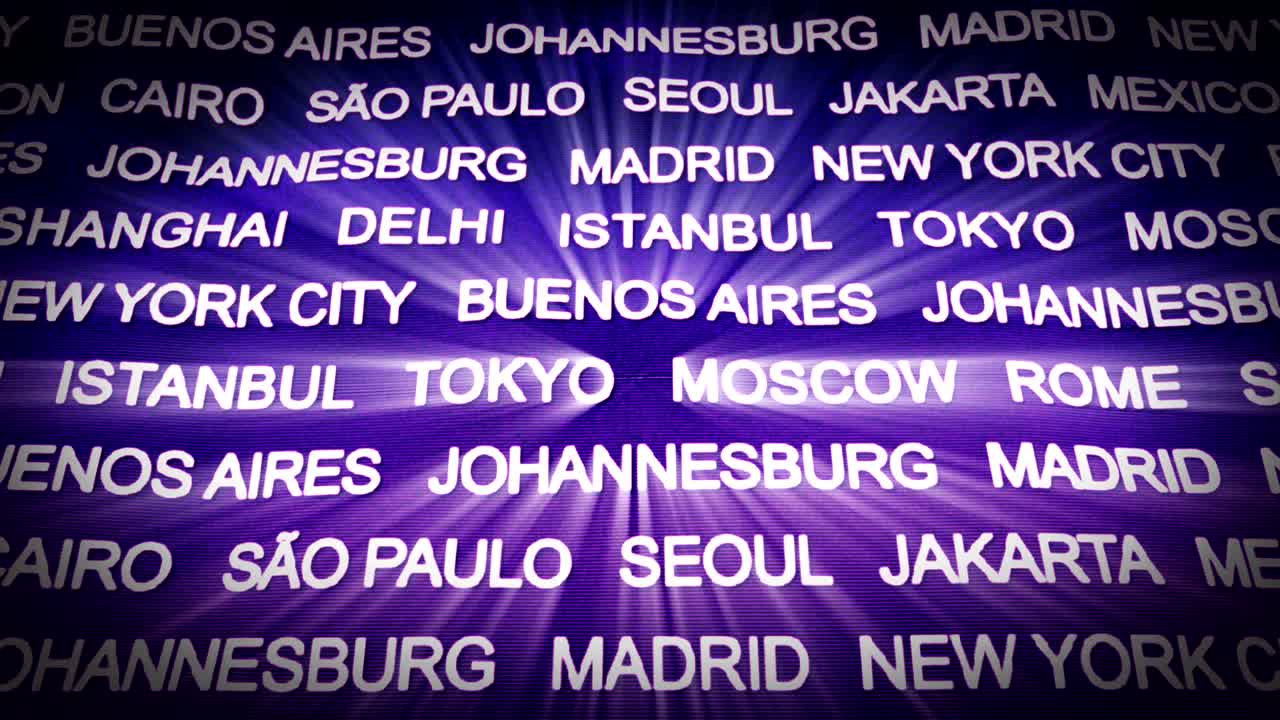 세계 도시 텍스트 애니메이션, 렌더링, 배경, 루프