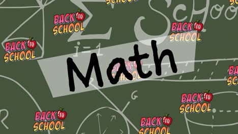 animación de matemáticas y texto de regreso a la escuela sobre ecuaciones matemáticas en fondo verde