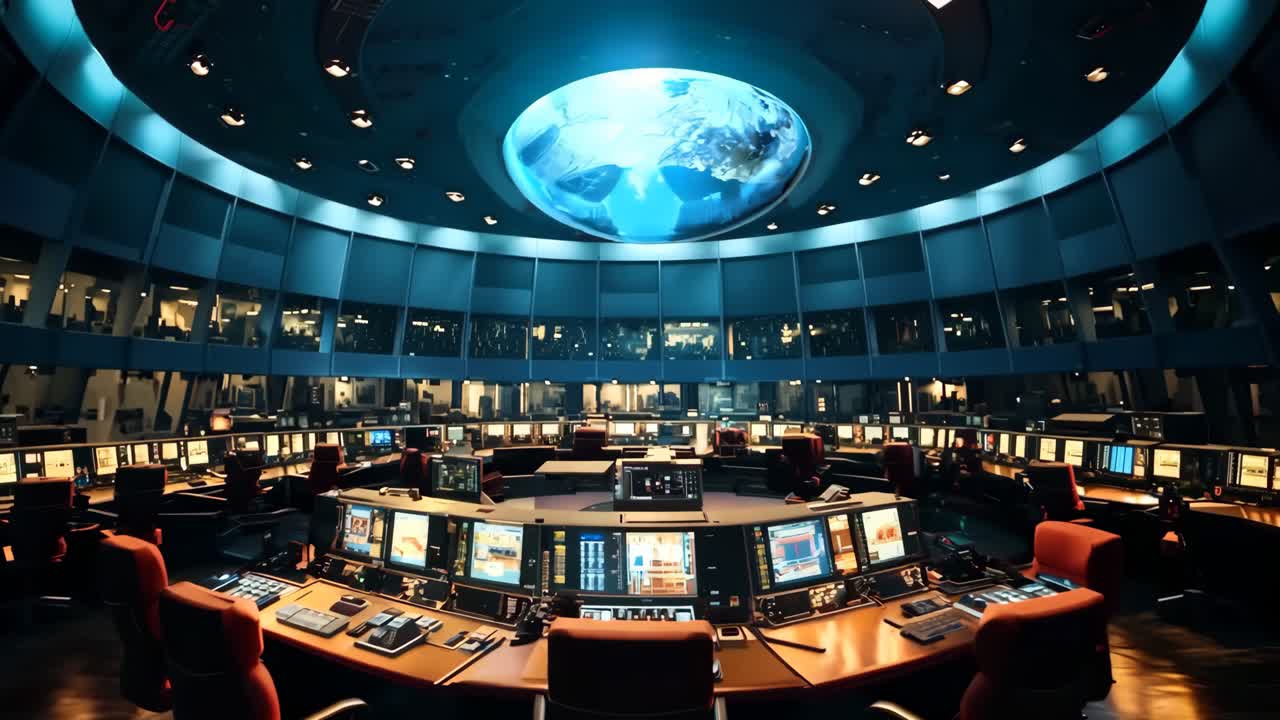 여러 모니터와 책상으로 구성된 큰 제어실