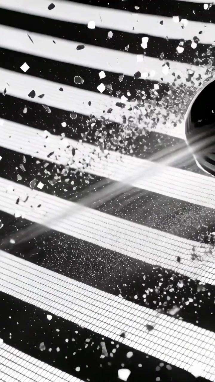 Video verticale: Un cilindro nero lucido entra, colpendo un pannello da studio a strisce ed espellendo piccoli frammenti.