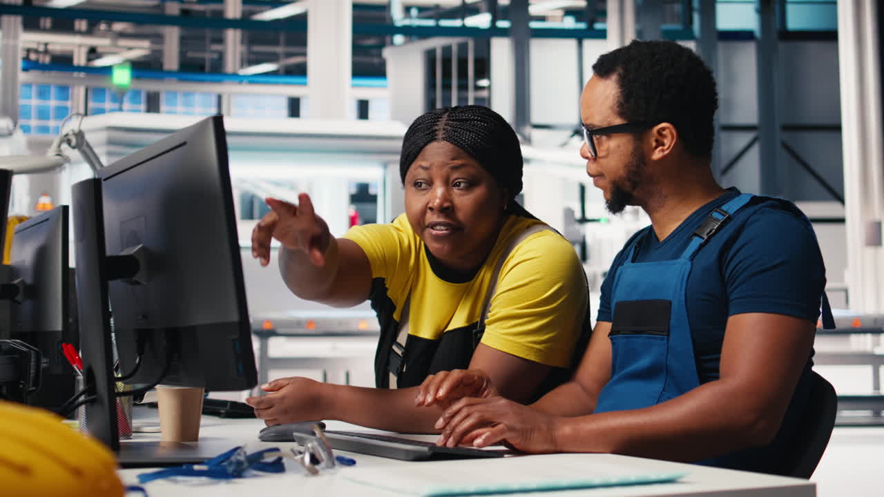 Vertical Video Employees work on photovoltaic design updates in clean energy plant,