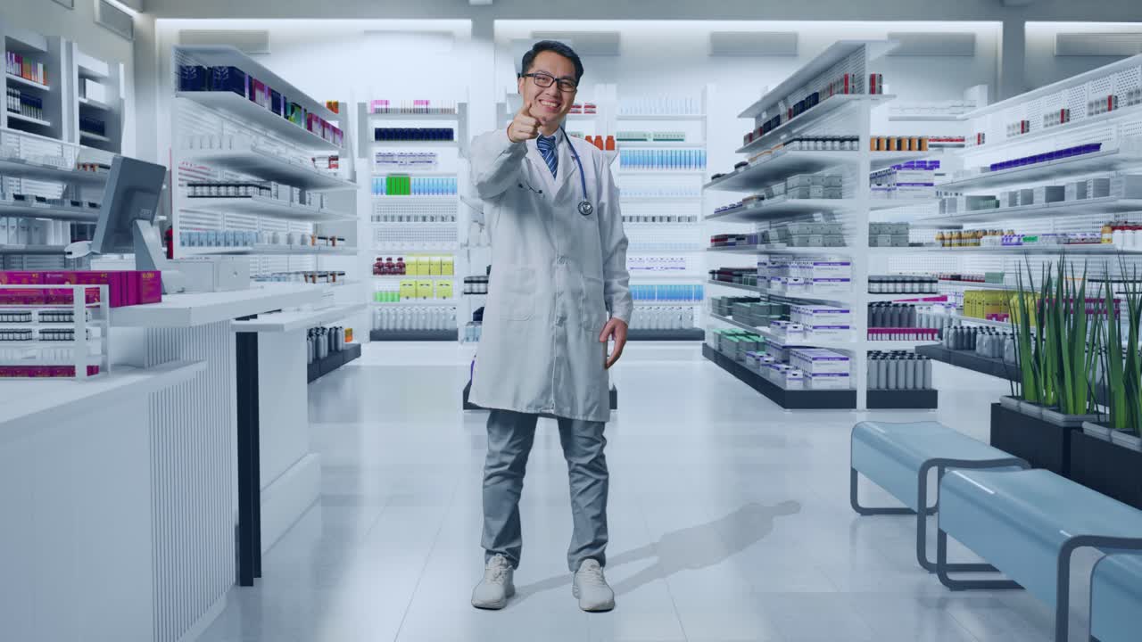 스테토스코프를 가진 아시아 남성 의사의 몸이 가득 차 있으며 약국에서 정직한 몸짓을 하고 미소를 짓고 있습니다.