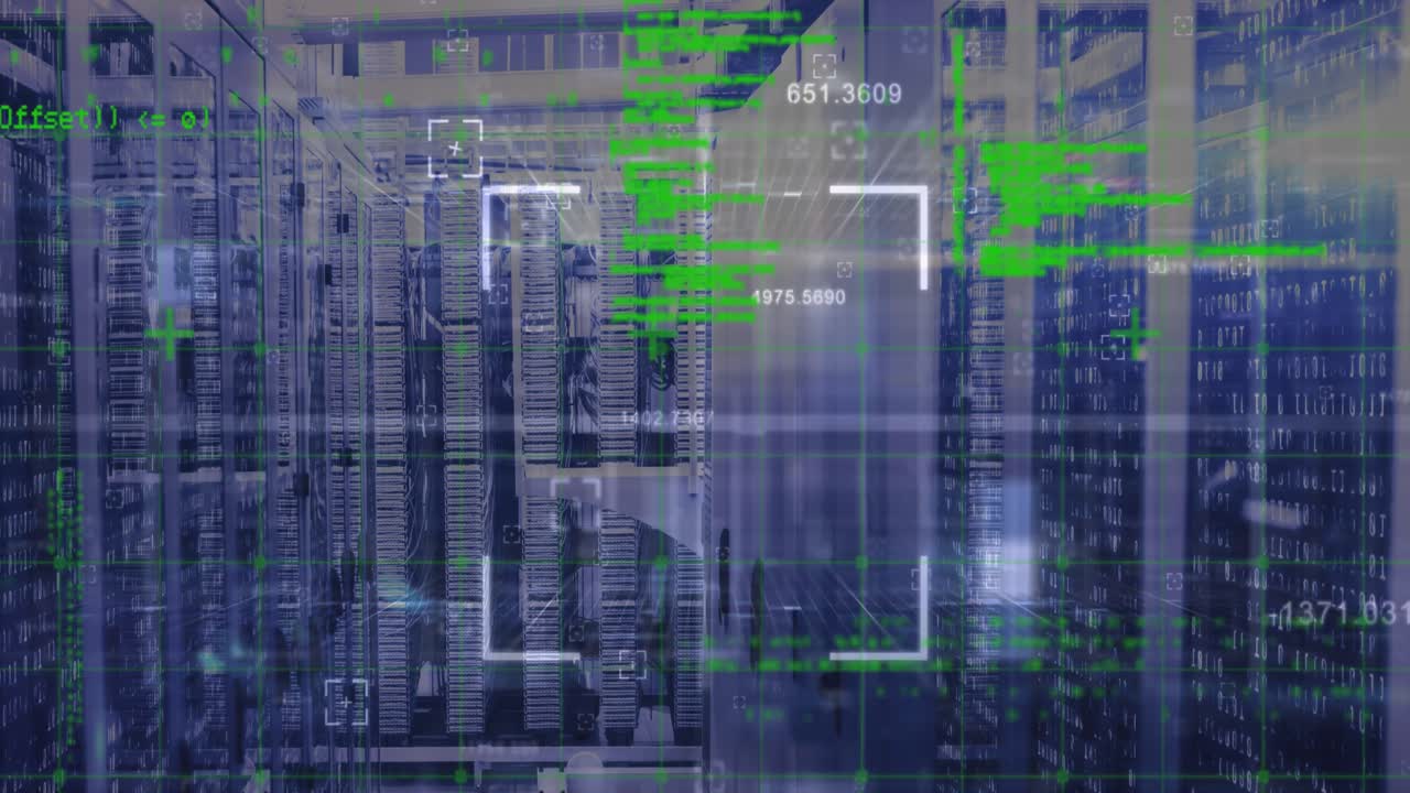 Animation of data processing and scope scanning against computer server room