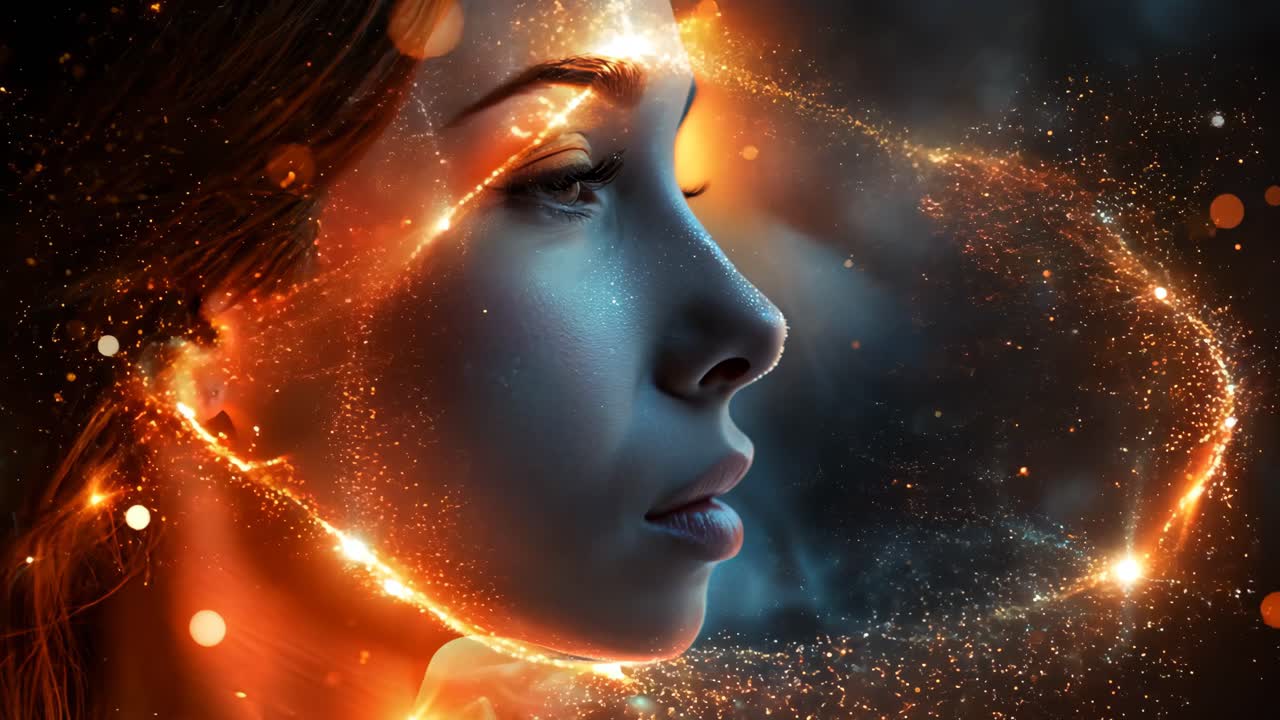 A woman's face is shown in a blurry, glowing light. The image has a dreamy, surreal quality to it, as if the woman is floating in a world of her own creation