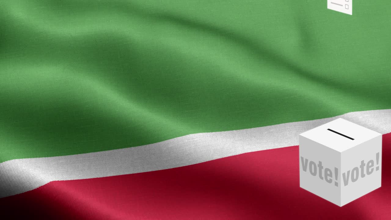 las papeletas de votación vuelan a la caja para la república de chechenia - caja de votación frente a la bandera - elección - bandera de la república de chechenia - bandera de las repúblicas chechenas de alto detalle - bandera nacional de la república chechenia patrón de ondas elementos en bucle - textura de tela y bucle sin fin - bandera vertical