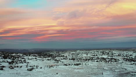 panorámica aérea a través de un paisaje blanco estéril con árboles que sobresalen bajo nubes rojas y amarillas en el cielo al atardecer, la cordillera de las montañas blefjell cubierta de nieve buskerud telemark noruega