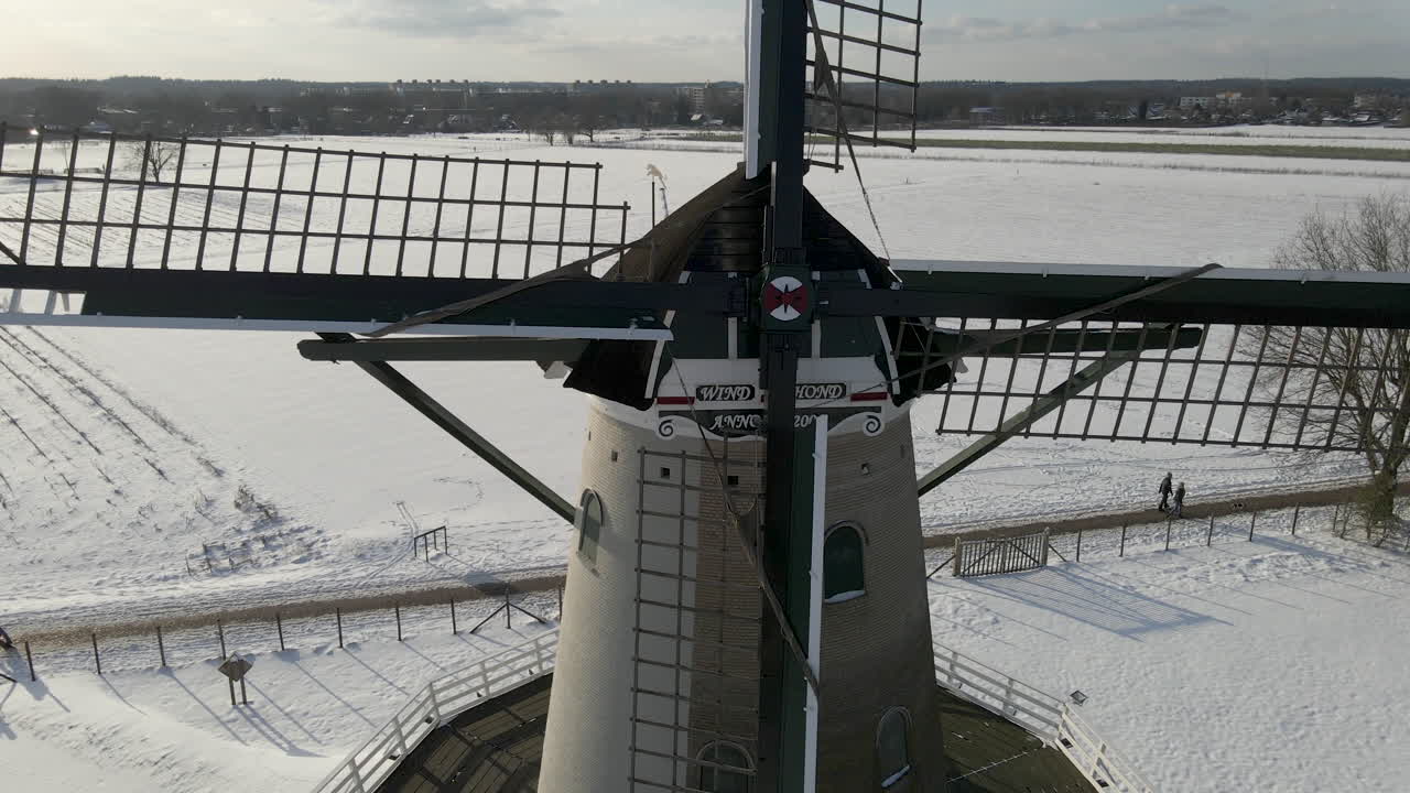 Close jib up of traditional dutch windmill, revealing beautiful snow covered meadow