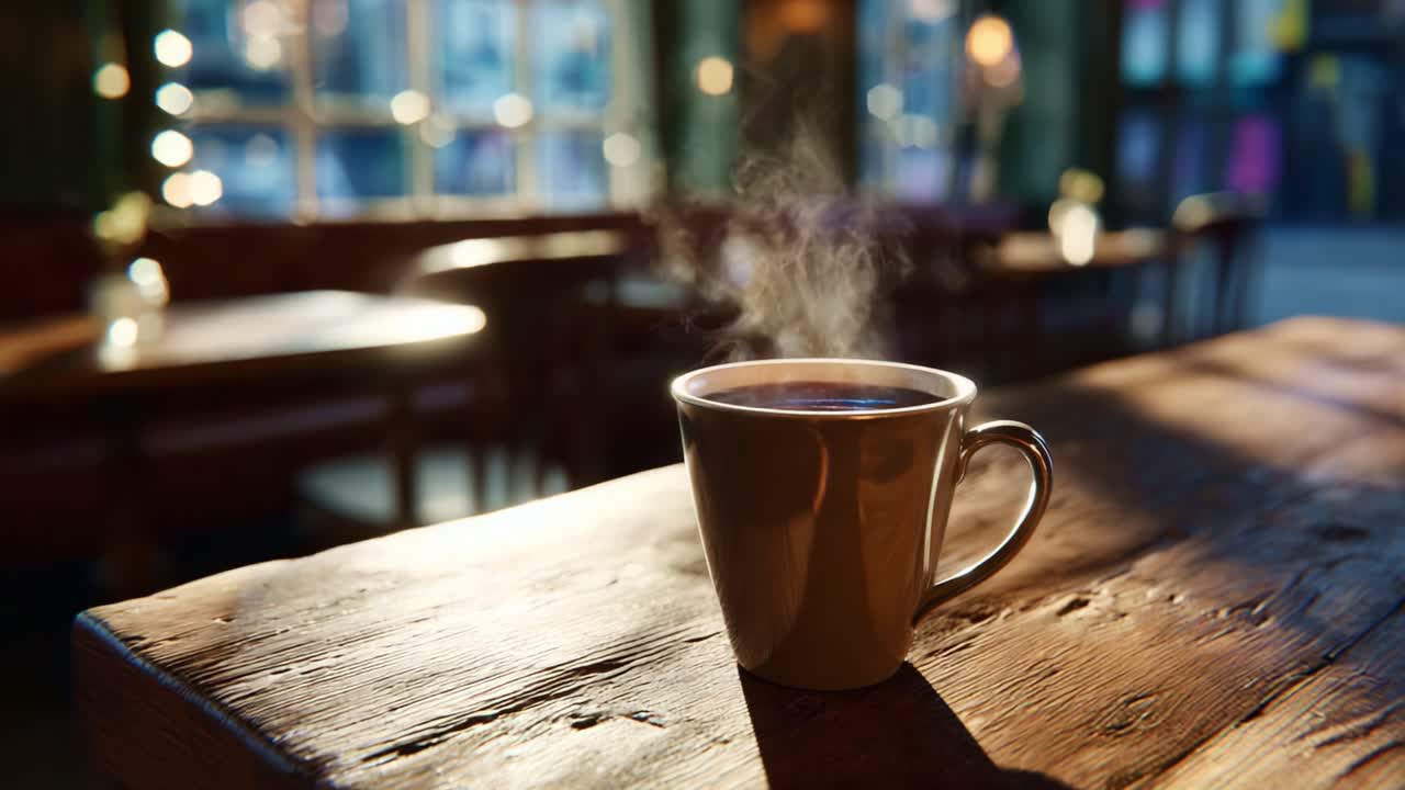 A Warm Cup of Coffee Emitting Steam, Placed on a Rustic Table Surrounded by Soft Ambient Lighting in a Cozy Cafe Setting