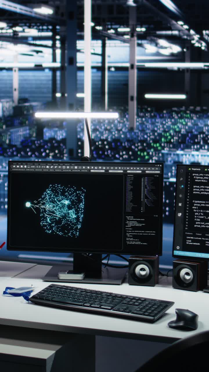 Vertical video Data center computers showing neural network visualization and code