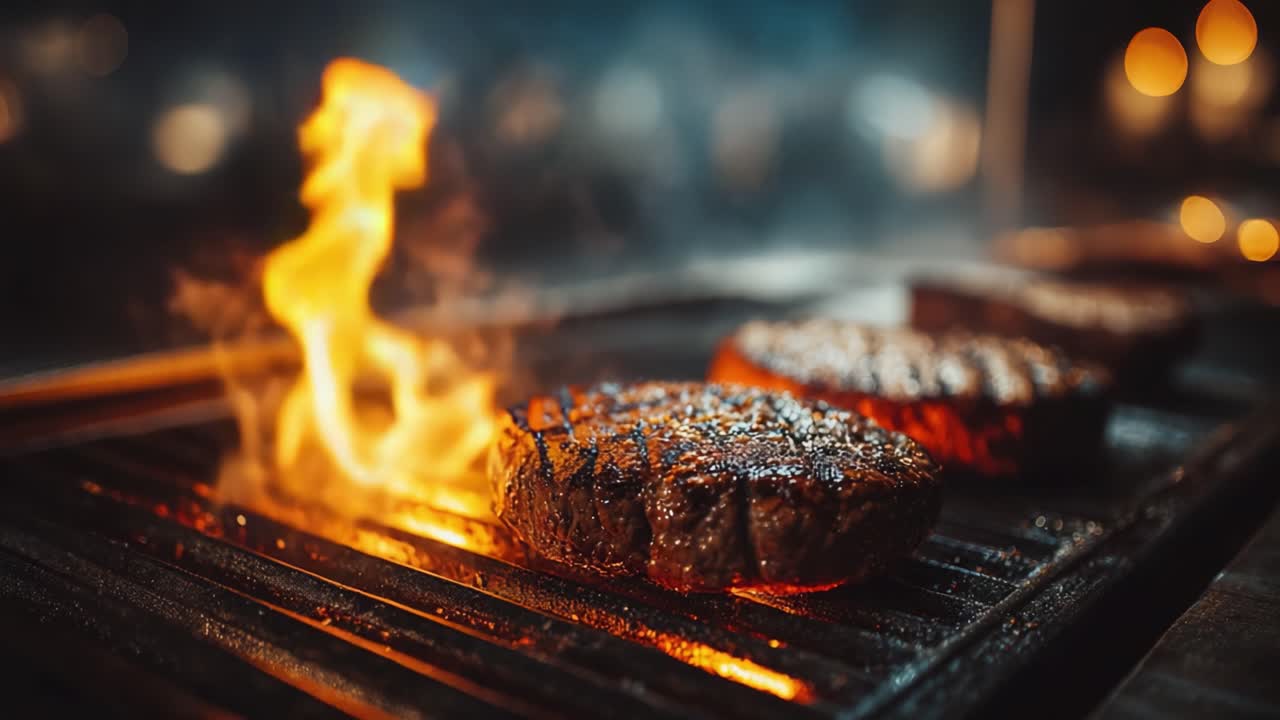 Bistecche alla griglia sfrigolanti: un'esperienza culinaria di preparazione di carni succose e saporite su fiamma viva con fumo e bruciature, per una perfetta atmosfera da barbecue all'aperto.
