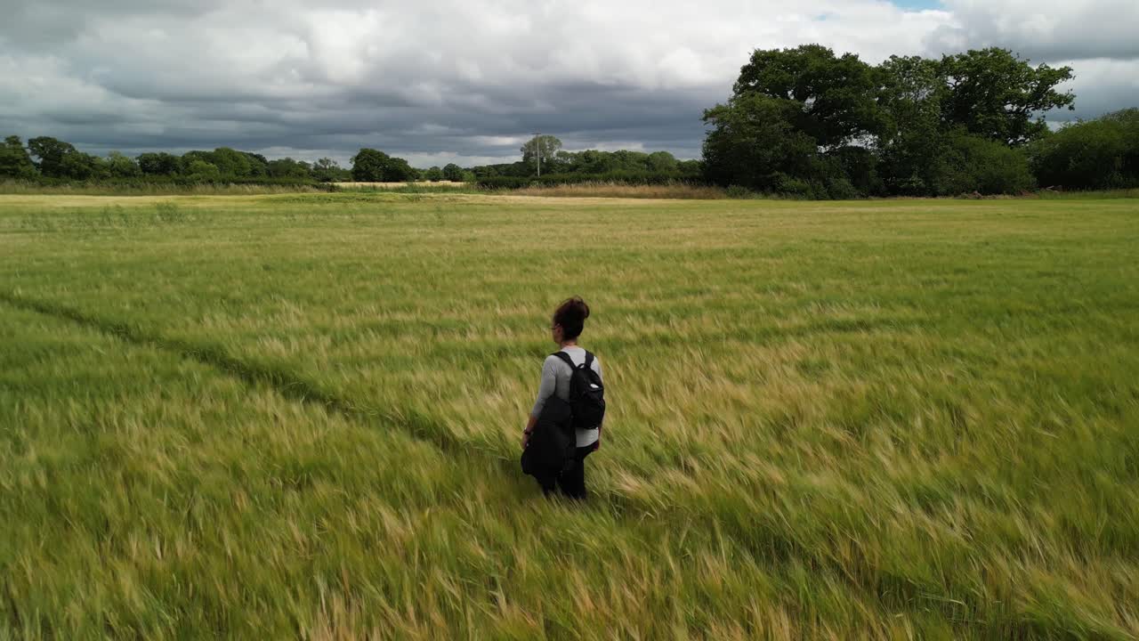 Woman walking solemnly through field of wheat - drone close up side pan on a typical English summer’s afternoon