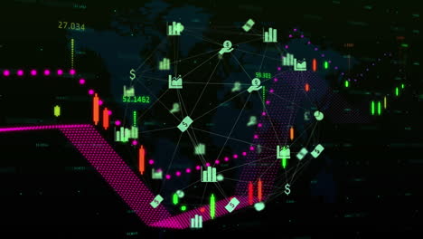 animación del procesamiento de datos financieros con iconos y un mapa del mundo sobre fondo negro