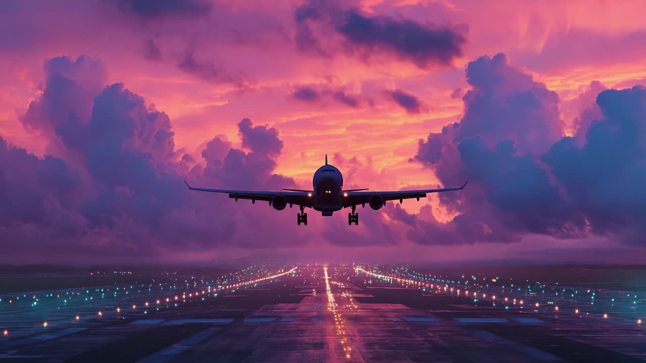 A Captivating Sunset Approach: An Airplane Landing on a Runway Illuminated by Glowing Lights Against a Dramatic Colorful Sky