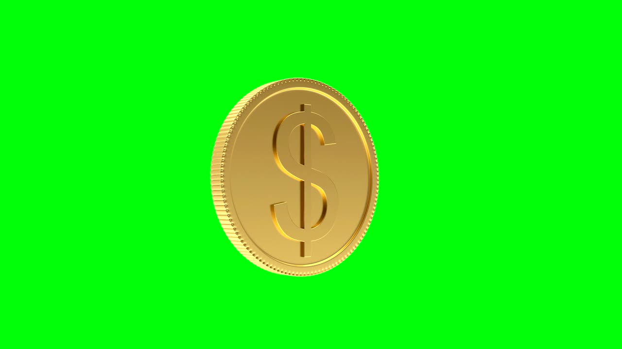 la animación en 3d de la moneda de un dólar de oro gira en una pantalla verde.