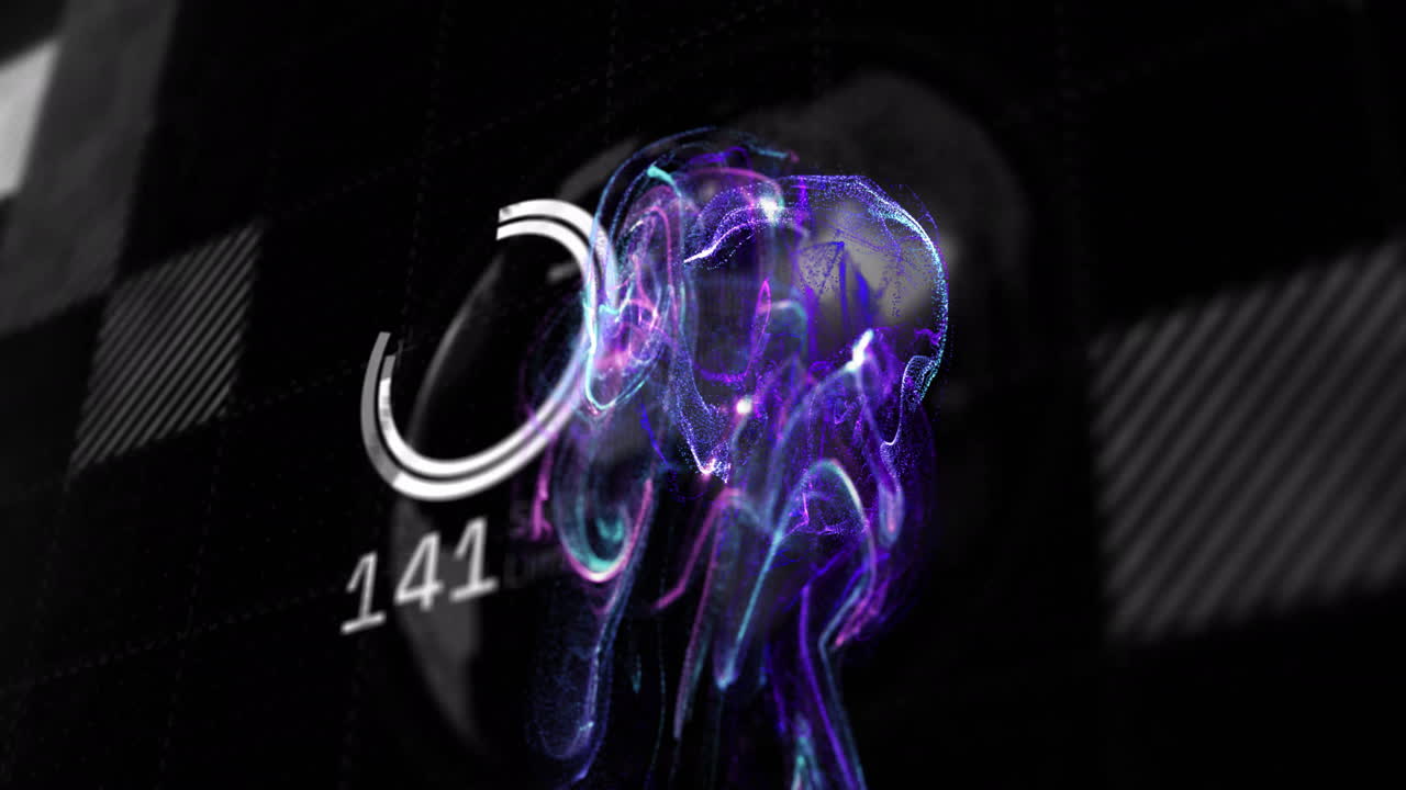 animación de puntos púrpuras sobre el procesamiento de datos en fondo negro