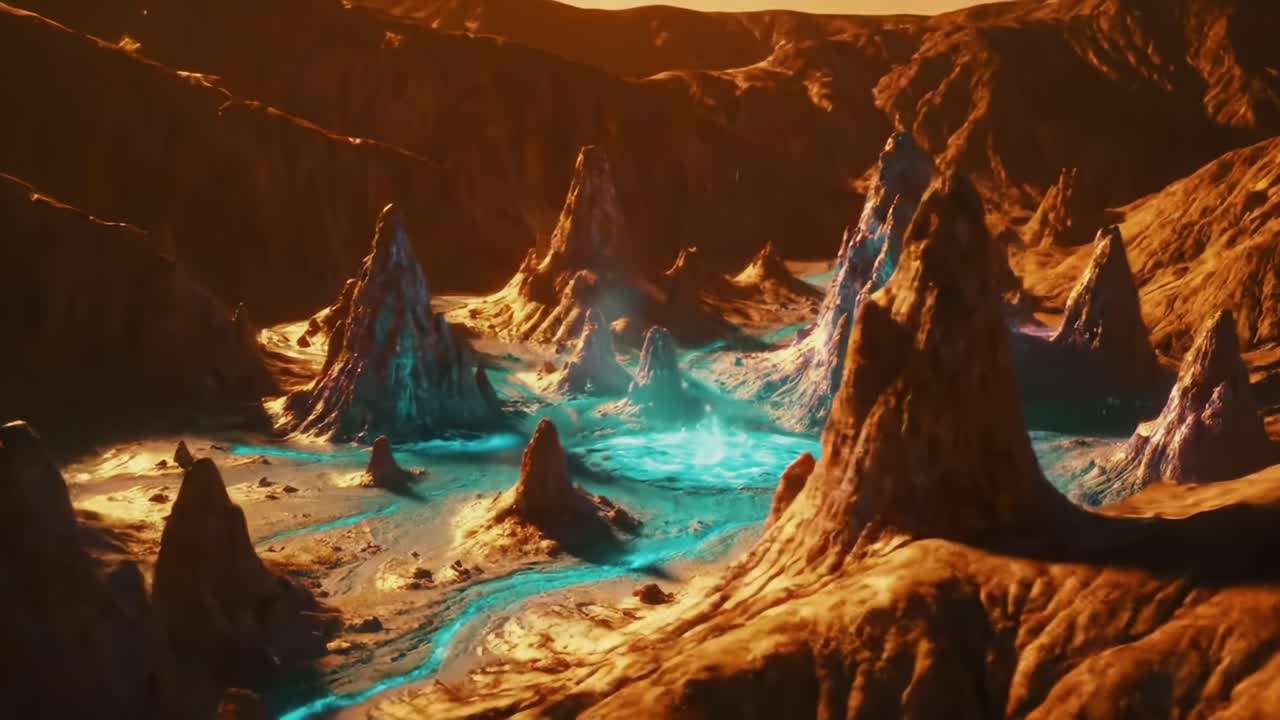 Stunning Desert Landscape With Vibrant Blue Water Under Glowing Orange Sky