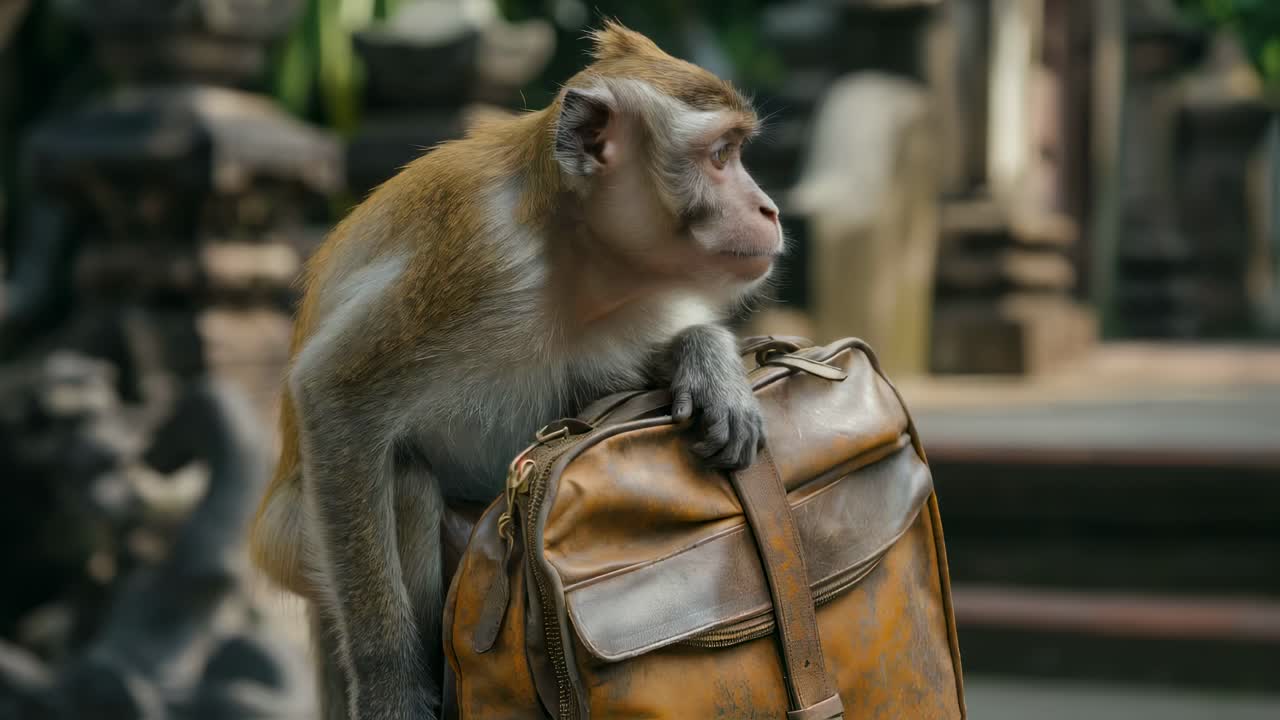 Long tailed macaque sitting with leather tourist bag at sacred Ubud Monkey Forest, demonstrating mischievous primate behavior amid tropical Balinese wildlife environment