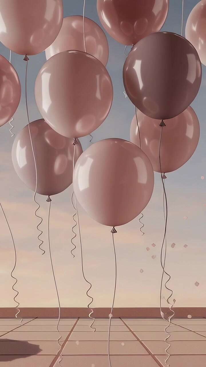 Video verticale: Palloncini rosa lucidi che si sollevano dolcemente separandosi sopra una terrazza piastrellata, mostrando il nastro