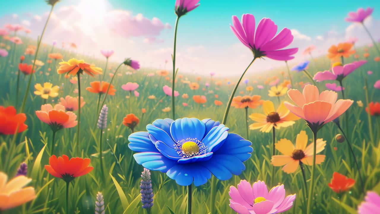 Vibrant field of flowers in a low-angle view, perfect for a serene nature video backdrop, Live