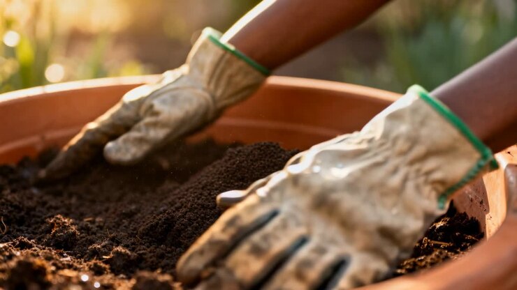 Placing gloved hands pressing and shaping soil in garden, preparing for planting in terracotta pot