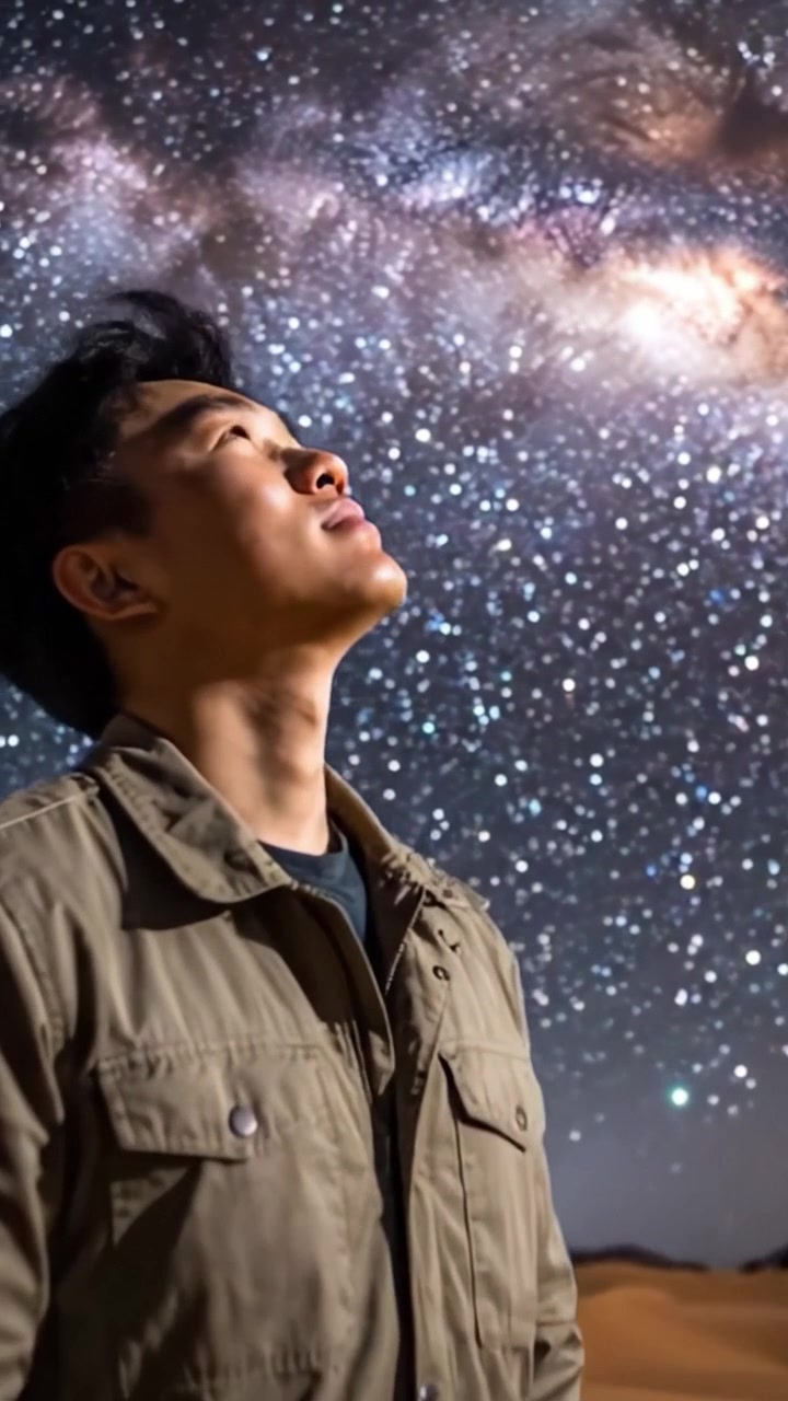 Un momento contemplativo bajo un impresionante cielo estrellado: Un individuo perdido en el asombro en medio de la inmensidad del universo en un sereno paisaje desértico