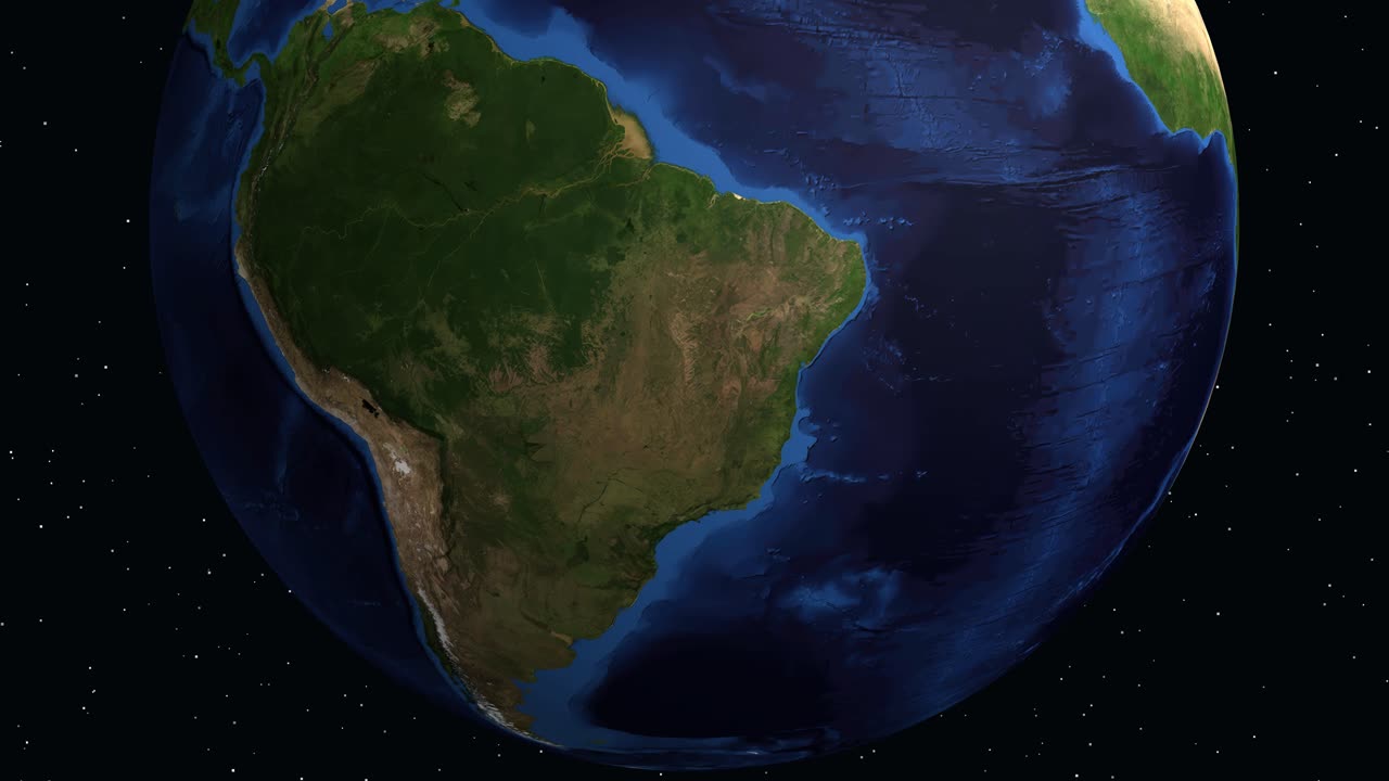 Un mappamondo rotante zooma sul Sud America, evidenziando Sucre, Bolivia con un indicatore di posizione.