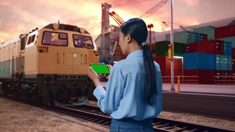 back view of asian female with freight cargo train at port, checking on smartphone with green screen and look at containers