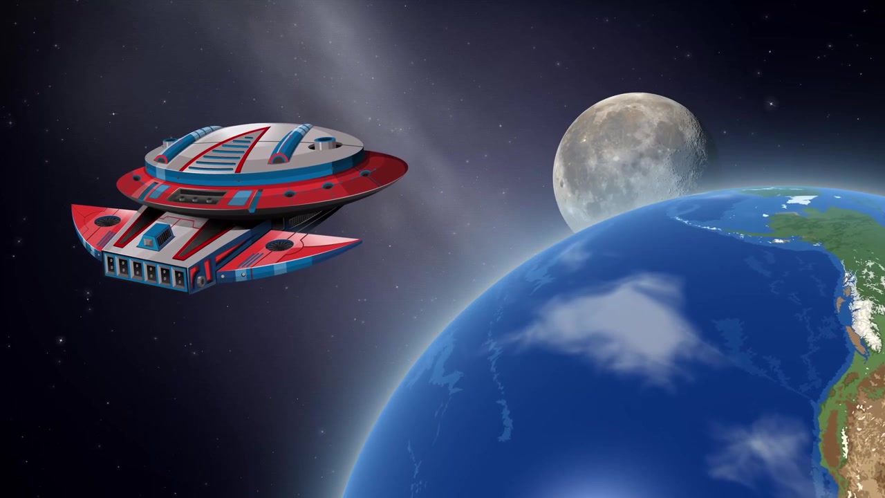 Astronave rossa animata fluttua in orbita sopra la Terra che ruota con la luna sullo sfondo