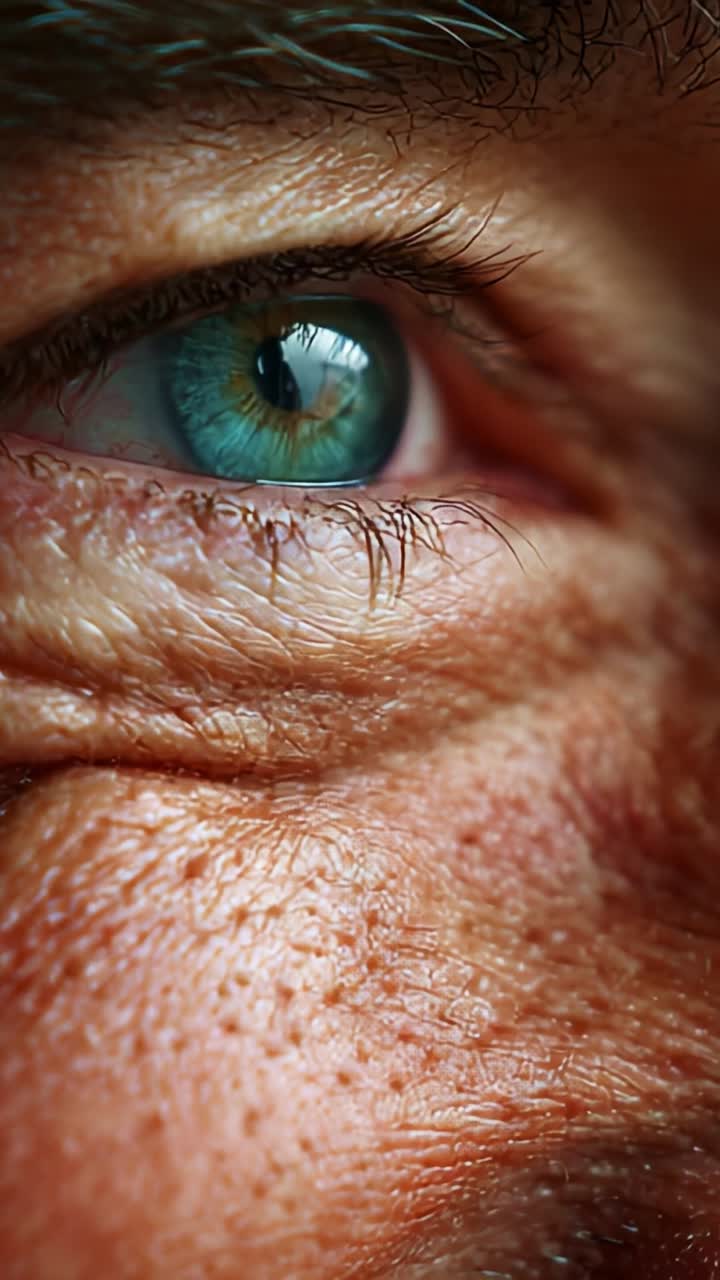 Close-Up of a Captivating Eye with Unique Color and Texture Highlighting the Details of Wrinkles and Skin Surrounding the Eye in a Thoughtful Expression
