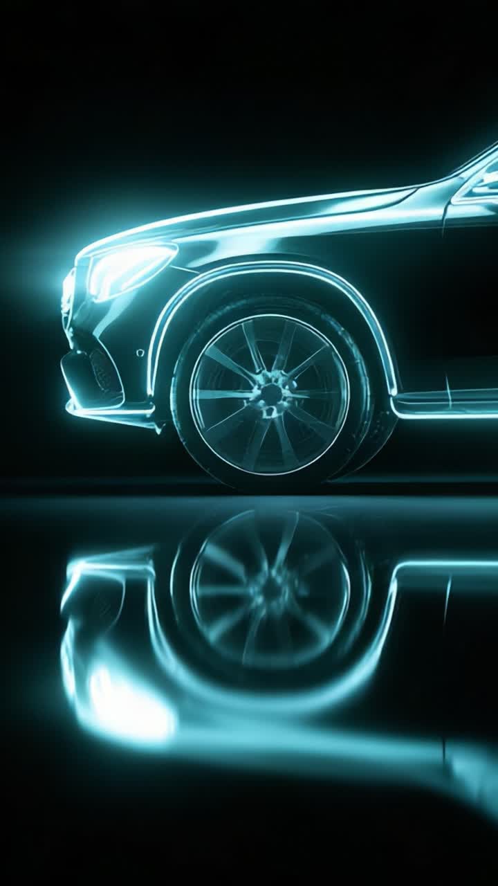 A Stunning Showcase of Innovative Automotive Design: An Angular View of a Glossy Luxury Car with Eye-catching Neon Accents and Reflections on a Dark Background