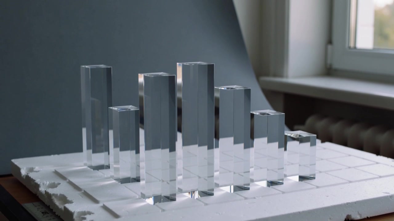 Arranging clear prisms on foam grid beside window, unseen hands responding to light for photography