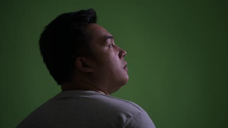 초록색 배경에 젊은 잘생긴 과체중 아시아인