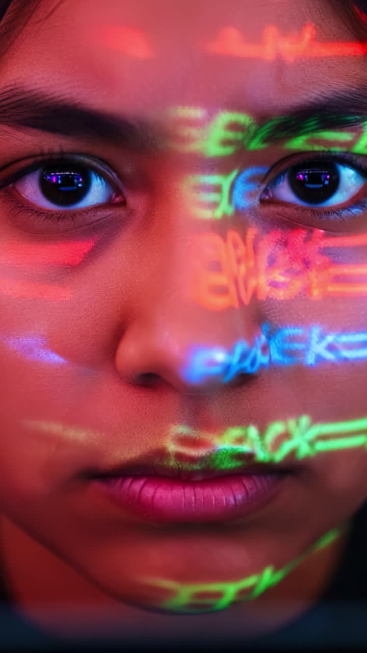 A captivating close-up portrait of a young individual with digitally projected lights and patterns reflecting on their face, creating an engaging visual narrative