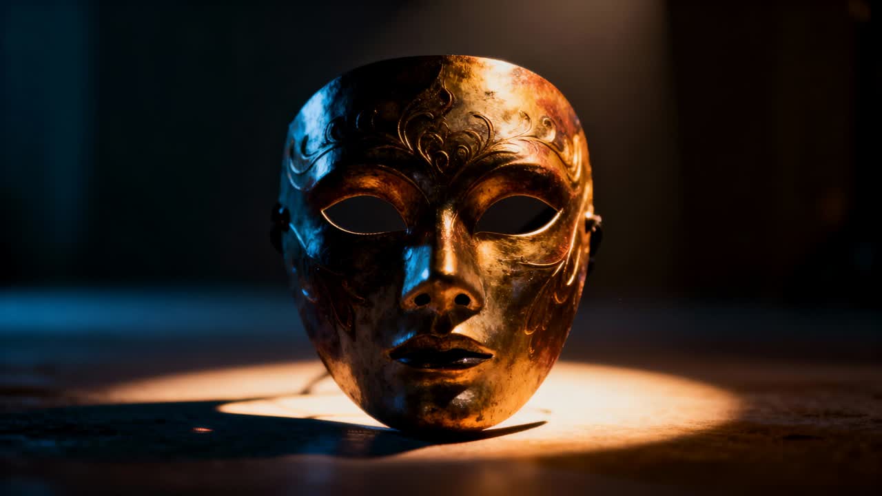 Yerdeki işlemeli metal maskenin üzerindeki vurguyu kaldıran hareketli sıcak spot ışığı, oyma motifleri ortaya çıkarıyor.