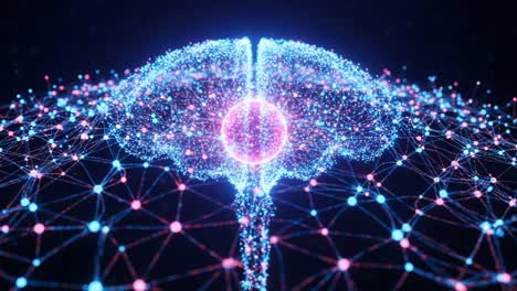 a stunning visualization of a digital brain with a network of colorful nodes, representing neural connections and interactions in a futuristic setting