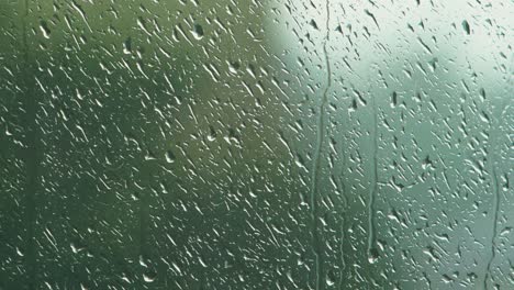 Rain-drops-sliding-slow-on-window-glass-in-rainy-day,-de-focused-green-tree-in-background,-medium-closeup-shot