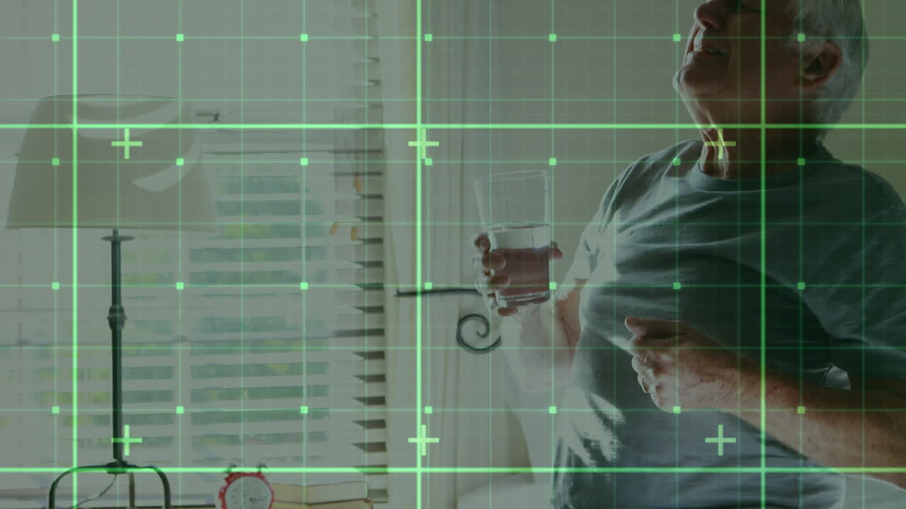 animación del procesamiento de datos digitales sobre hombres mayores que toman medicamentos
