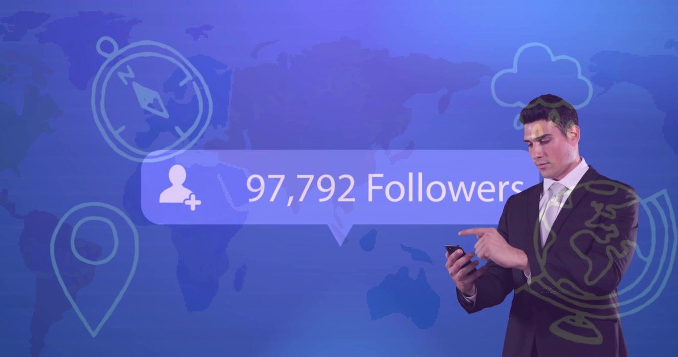 Animation of caucasian businessman checking number of followers increasing against world map, icons