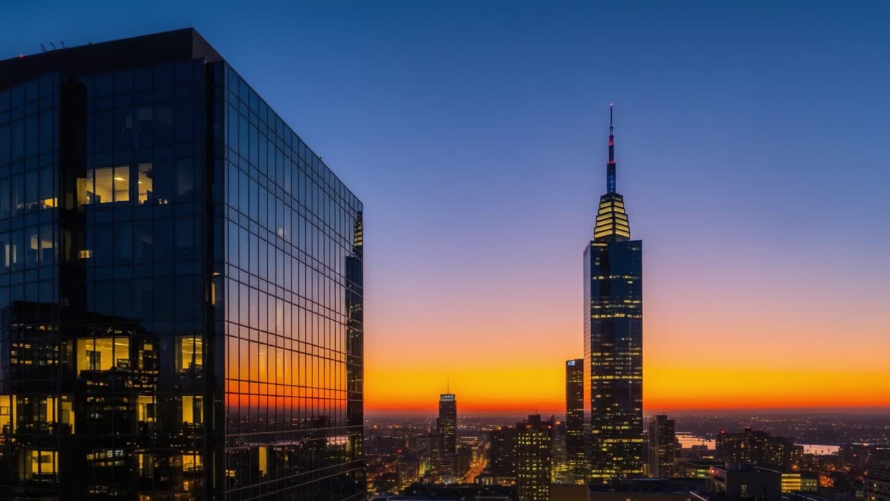 A Stunning Transition from Sunset to Night Over a Metropolis: The Cityscape Showcases Illuminated Buildings and a Towering Skyscraper Against a Twilight Sky