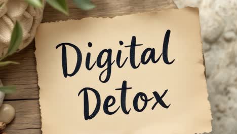Handwritten note reading digital detox placed on a rustic wooden table, surrounded by natural elements like stones and greenery, creating a calming atmosphere for relaxation and mindfulness