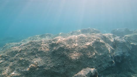 floating above shallow rocky seabed in croatia lit by beautiful rays of light