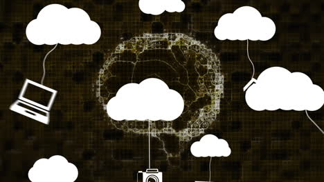 animación de nubes blancas con iconos de medios colgantes sobre el cerebro sobre fondo negro