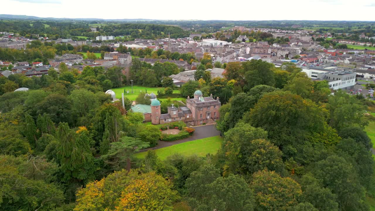 Wide overhead 4K 60FPS aerial of the grounds at Armagh Planetarium in Northern Ireland in the UK. Produced with Rec709 color