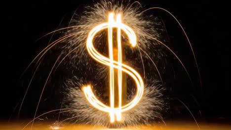 Illuminated Dollar Sign Created with Sparklers Against a Dark Background, Capturing the Essence of Wealth and Prosperity in an Artistic Display of Light