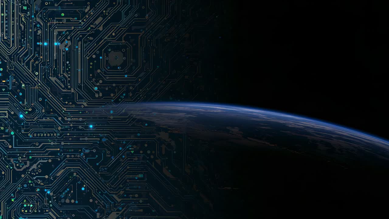 Advancing PCB overlay from left edge, merging with Earth limb from orbit, blue nodes pulsing
