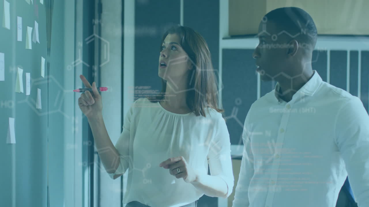Animation of data processing and chemical formula over diverse business people talking